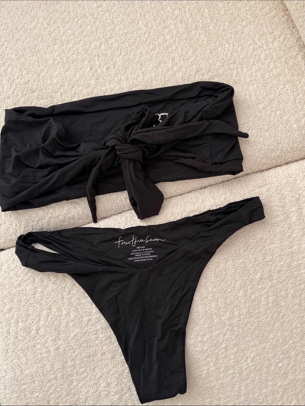 FourThreeSeven Black Strapless Bandeau Bikini Set with Tie-Front Top